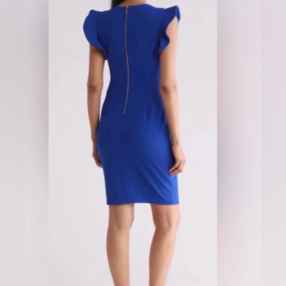 Calvin Klein fitted flutter Ruffle Sleeve Dress Royal Blue Size 10 Office Career - Picture 2 of 11
